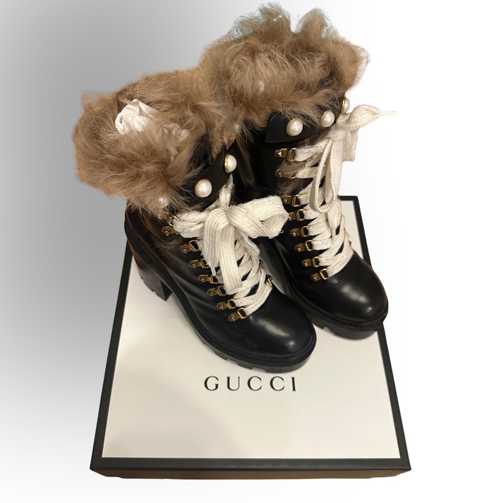 Gucci Magnum Glasgow Lace Up Fur Pearl Boots Black
